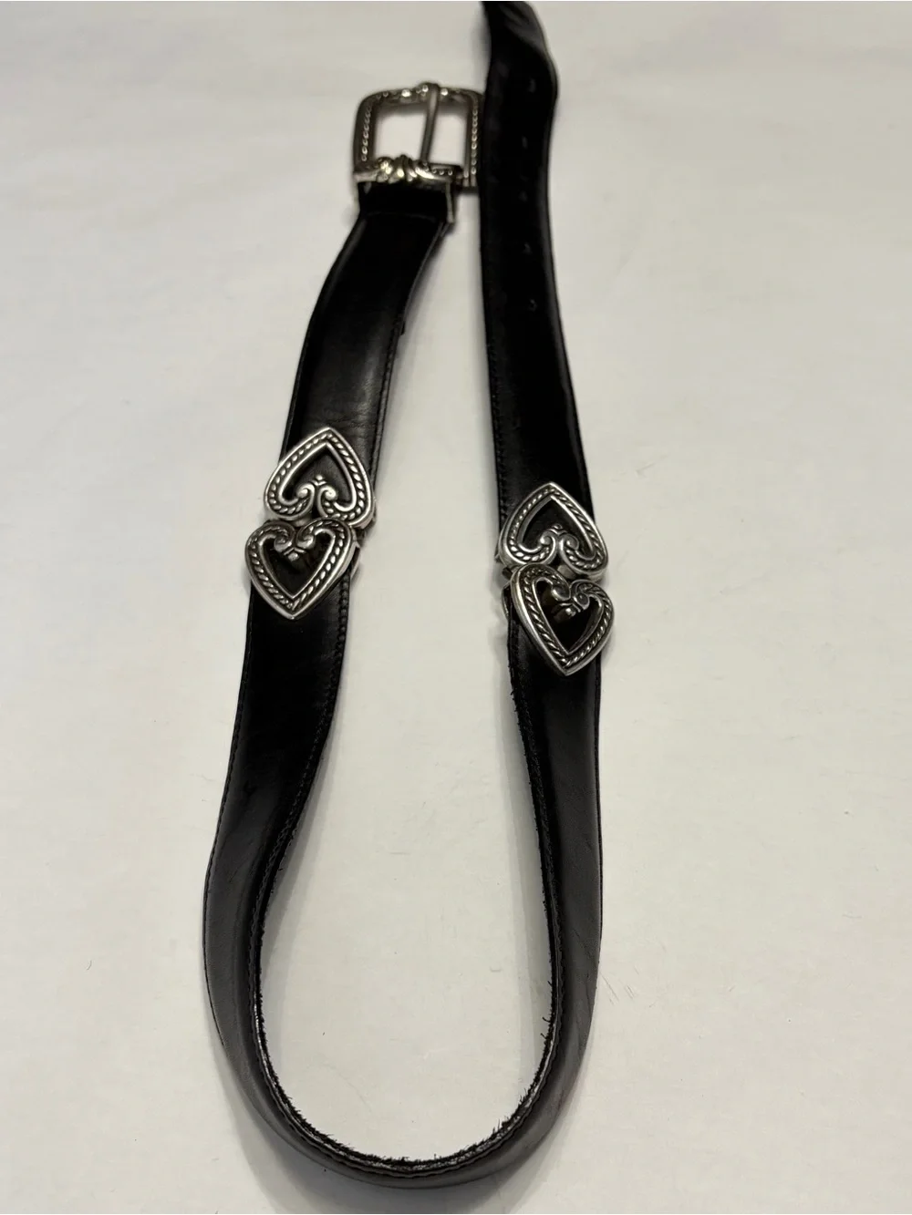 Vintage Brighton Black Leather Heart Belt Silver Hardware Western Boho USA Made